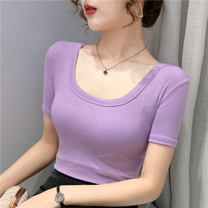 Áo Thun Cotton Tay Ngắn Cổ Chữ U Màu Trơn Dáng Ôm Thời Trang Mùa Hè 2022 Mới Dành Cho Bạn Nữ