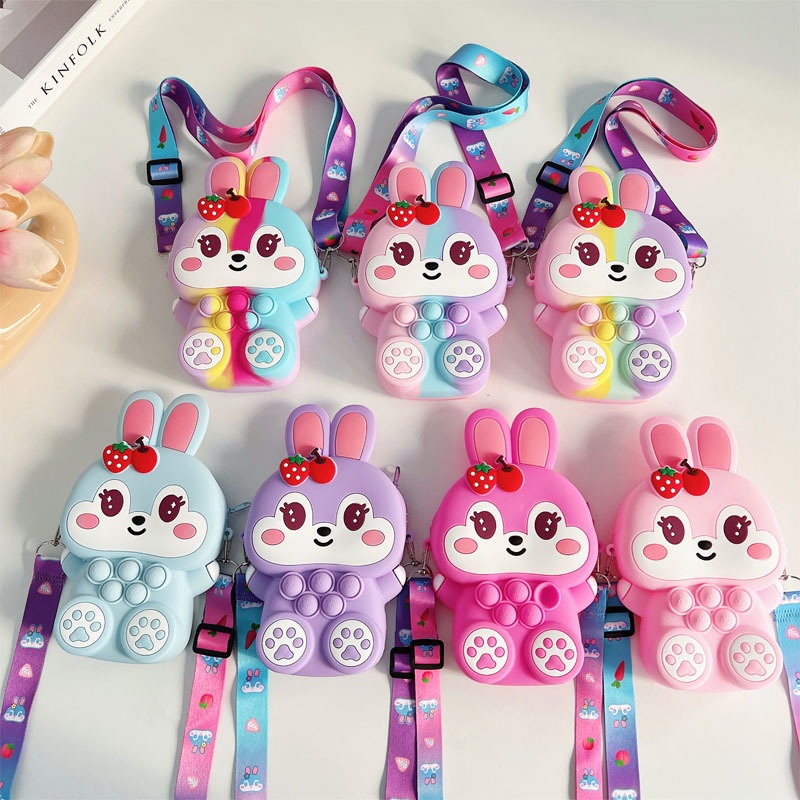 Kids Pop It Túi Messenger Đồ Chơi Bằng Silicon Giảm Căng Thẳng Hình Thỏ Dâu Tây Gợn Sóng Cho Bé Gái