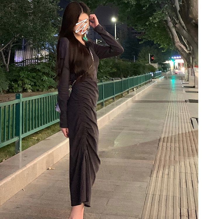 COZOK Đầm Tay Dài Cổ polo Xẻ Tà Dáng Ôm Thời Trang Dễ Phối Đồ