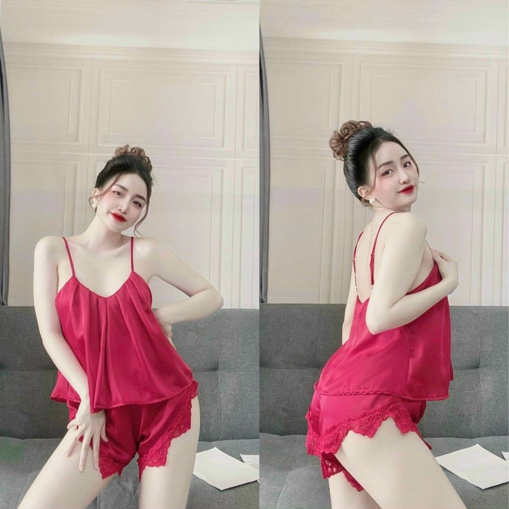 Bộ lụa mặc nhà đồ ngủ nữ sexy TUTA quần đùi lai ren lụa satin cao cấp -MK04