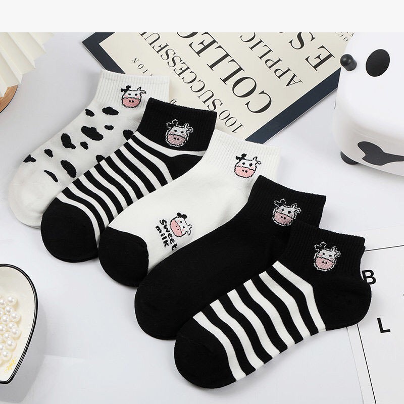 Tất nữ cổ ngắn bò sữa, tất nữ hàn quốc cute combo 5 đôi