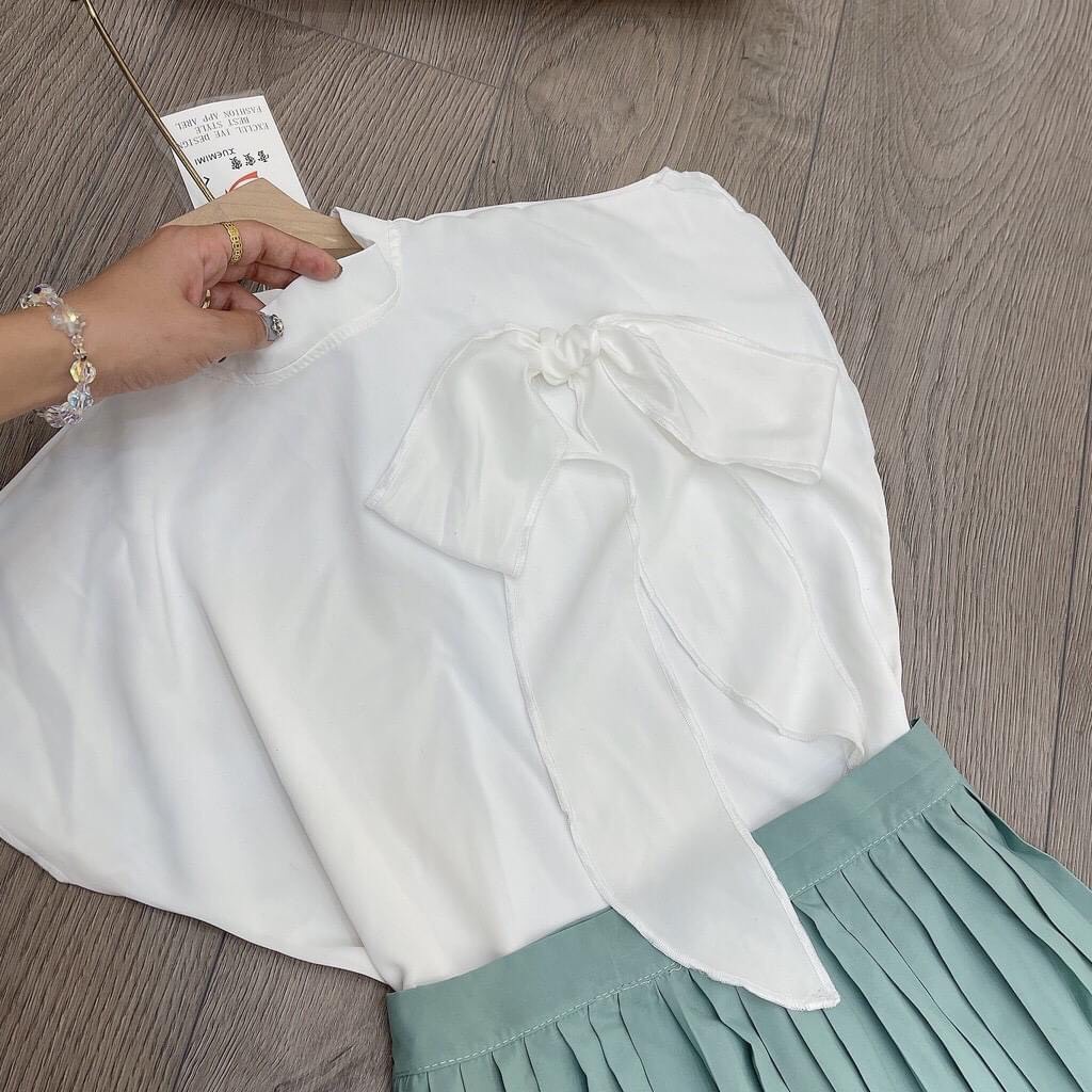 Set đầm váy  gồm chân váy xanh mint dập ly kèm sơmi trắng thắt nơ đẹp nữ tính