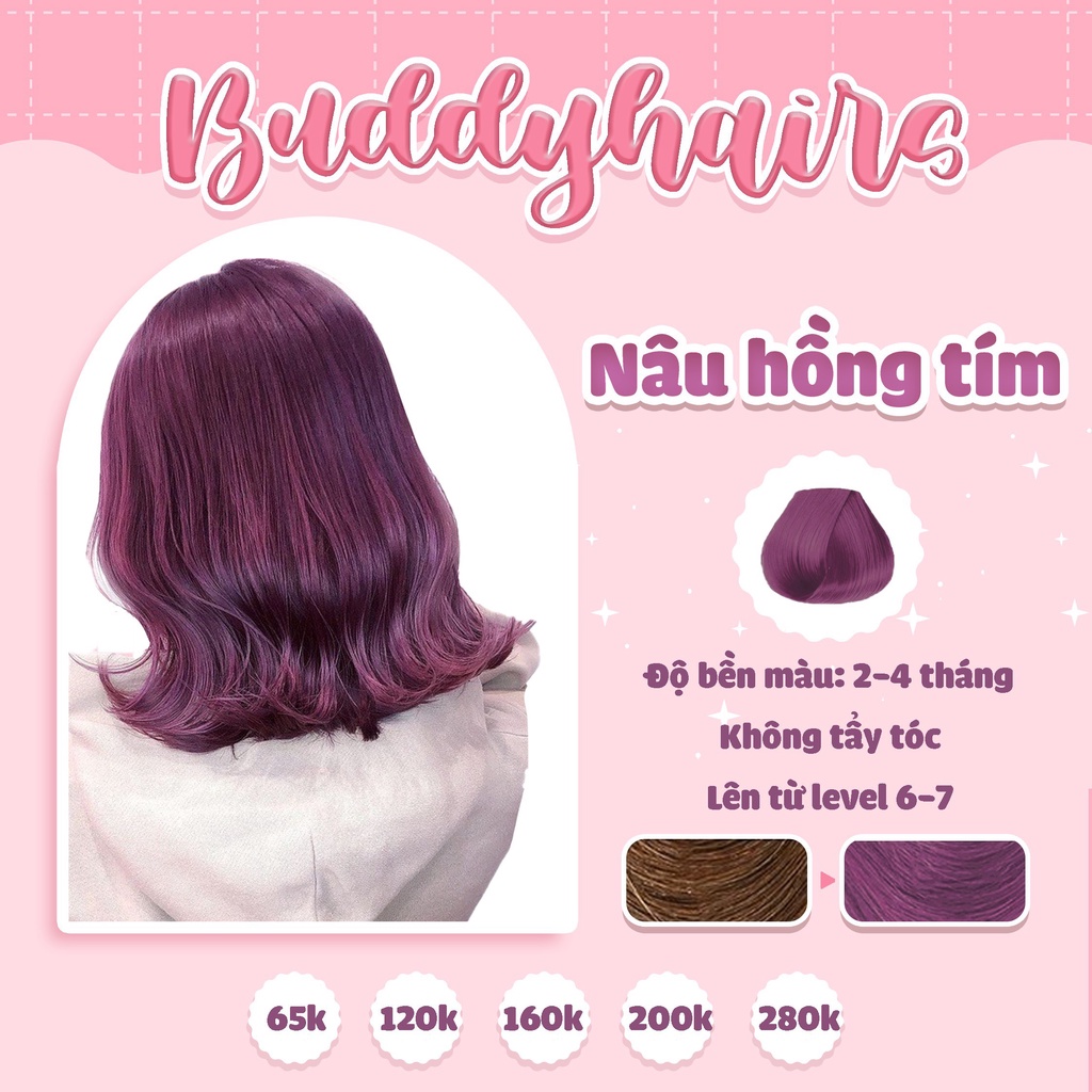 Thuốc nhuộm tóc màu Nâu hồng tím không dùng Thuốc tẩy tóc của Buddyhairs tặng kèm găng tay mũ trùm trợ nhuộm tiện ích