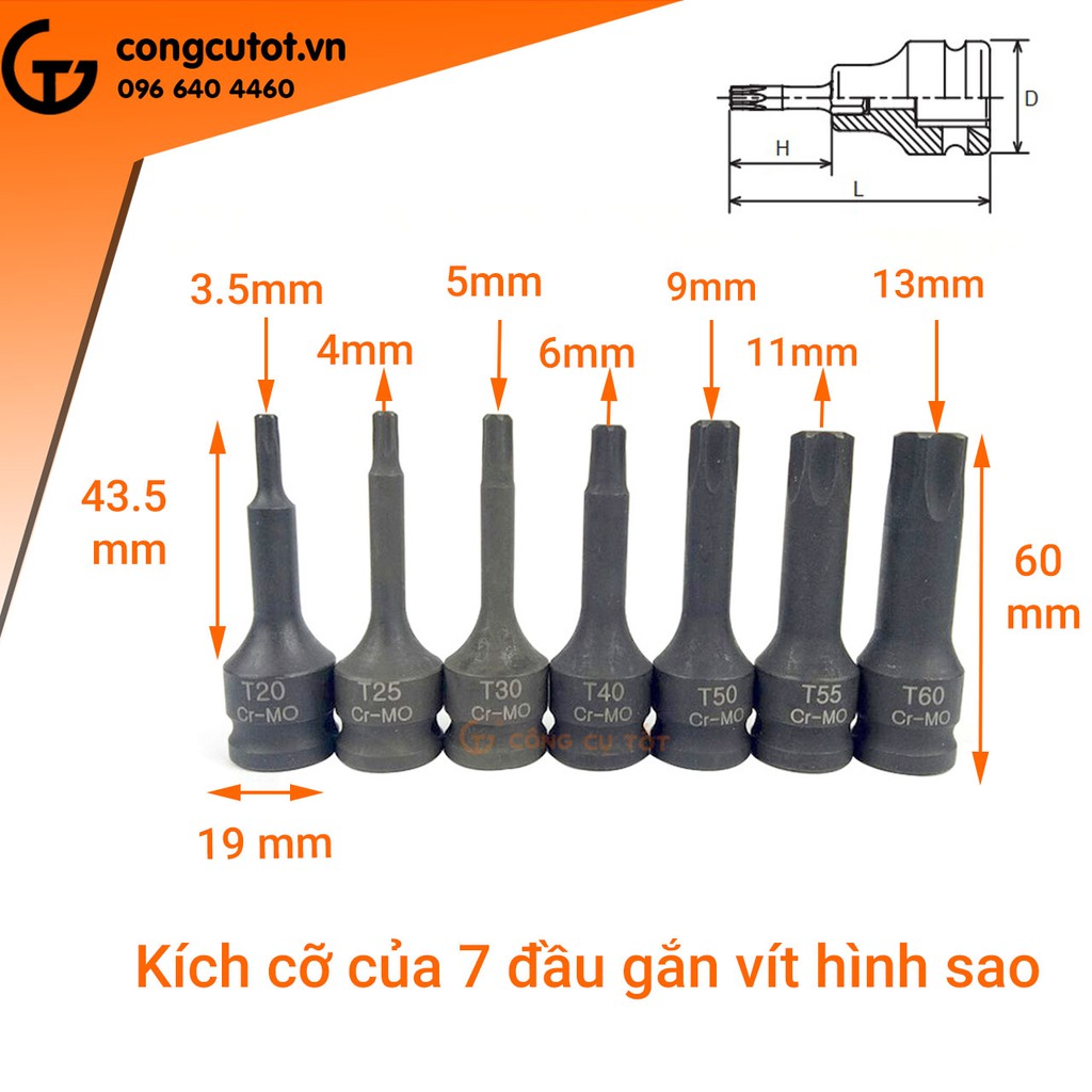 Đầu vặn vít hình sao gắn súng bắn ốc 3/8&quot; thép Cr-MO T20 - T60