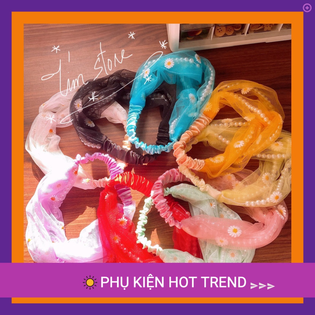 Băng đô turban vải cúc thêu phối ngọc trai giả TÍM STORE phong thái korea linh phụ kiện tóc dễ thương  dễ thương