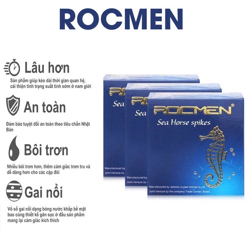 Bao cao su gai bi Rocmen Sea Horse xanh bạc hà - bcs có gai kéo dài thời gian, chống xuất tinh sớm - Hộp 3 cái