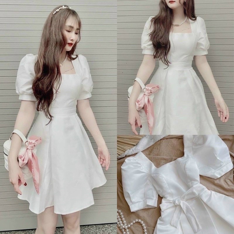 Váy trắng dự tiệc sang trọng cổ vuông tay bồng xoè công chúa vải taffa trơn V0091 form chuẩn AĐ BOUTIQUE