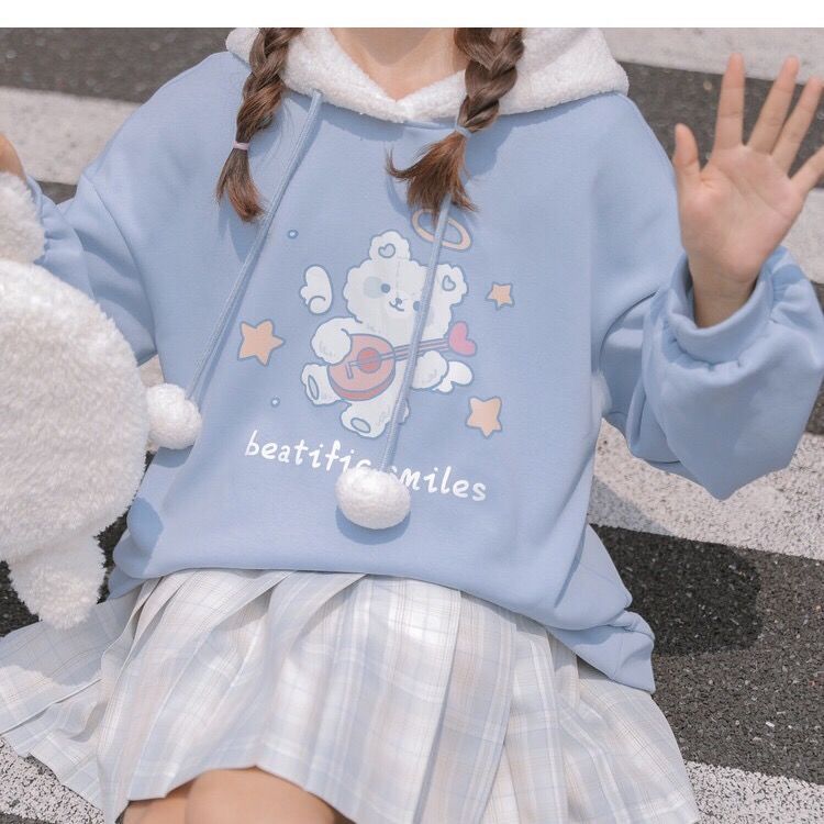 Áo hoodie nhung dày xinh xắn phong cách Nhật Bản thời trang dành cho nữ