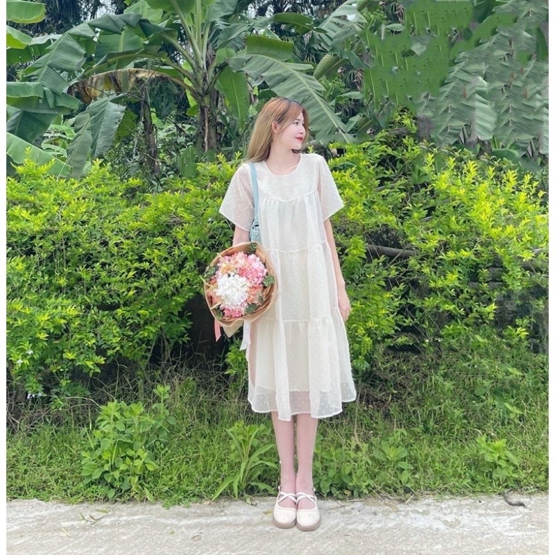 Đầm babydoll dáng suông siêu xinh hoạ tiết chấm bi, váy xinh dáng rộng bầu bì bon chen được