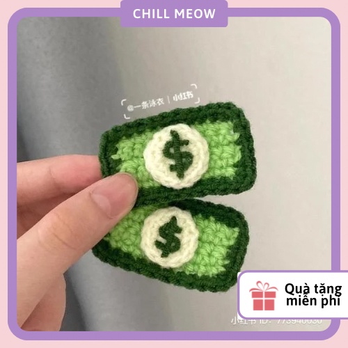 Kẹp tóc len xanh, kẹp tóc handmade đô la, quà tặng bạn gái CHILL MEOW
