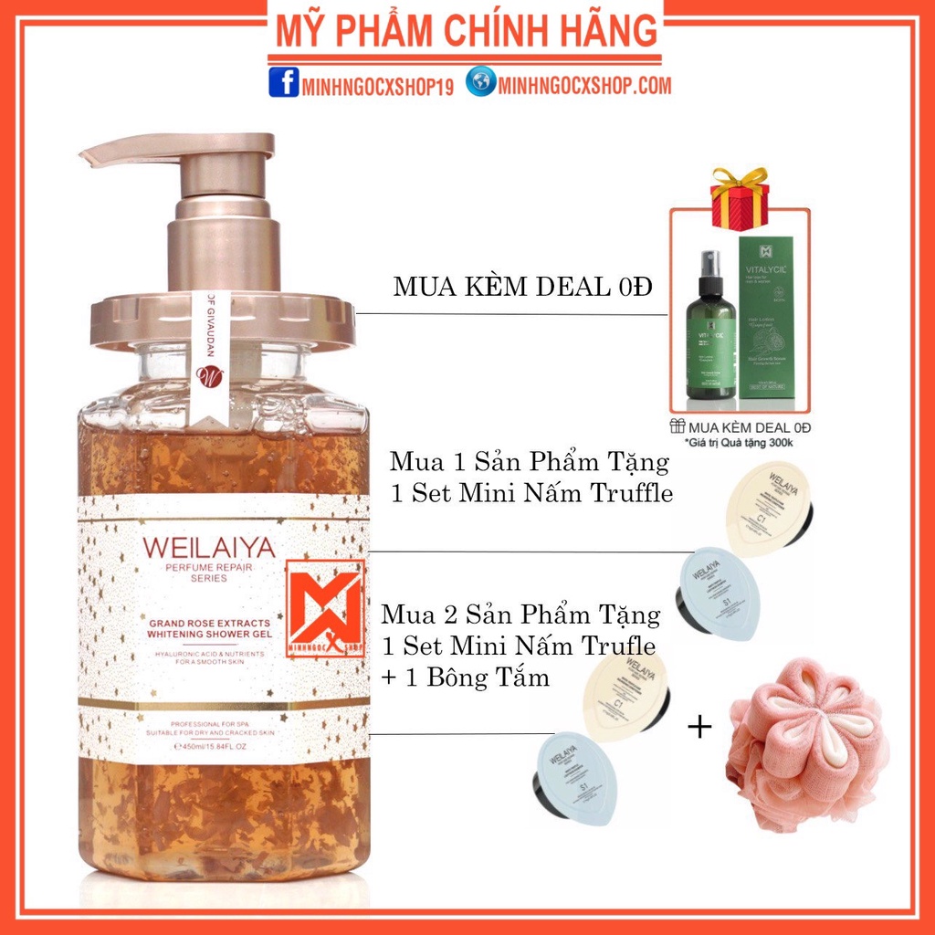 Sữa tắm WEILAIYA trắng da cánh hoa hồng Damask 450ml chính hãng