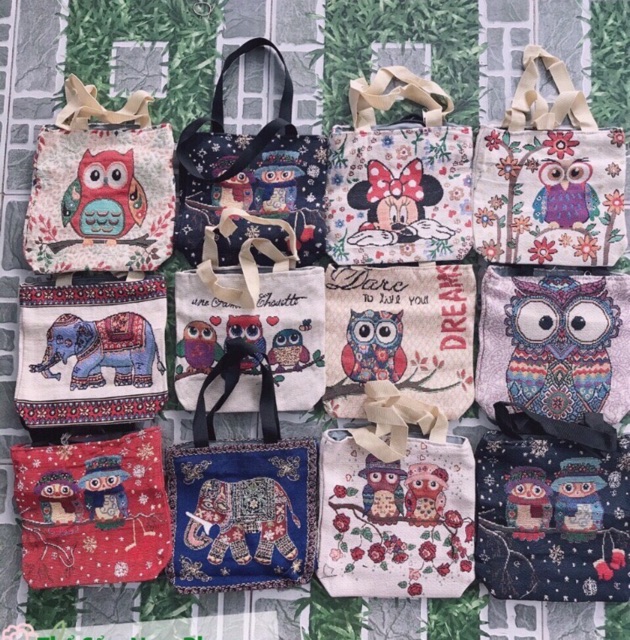 Túi Tote Vuông Thổ Cẩm Vải Canvas/ Bố Hình Cú Và Voi Size Trung 34*34*8cm - Lucky Girl shop