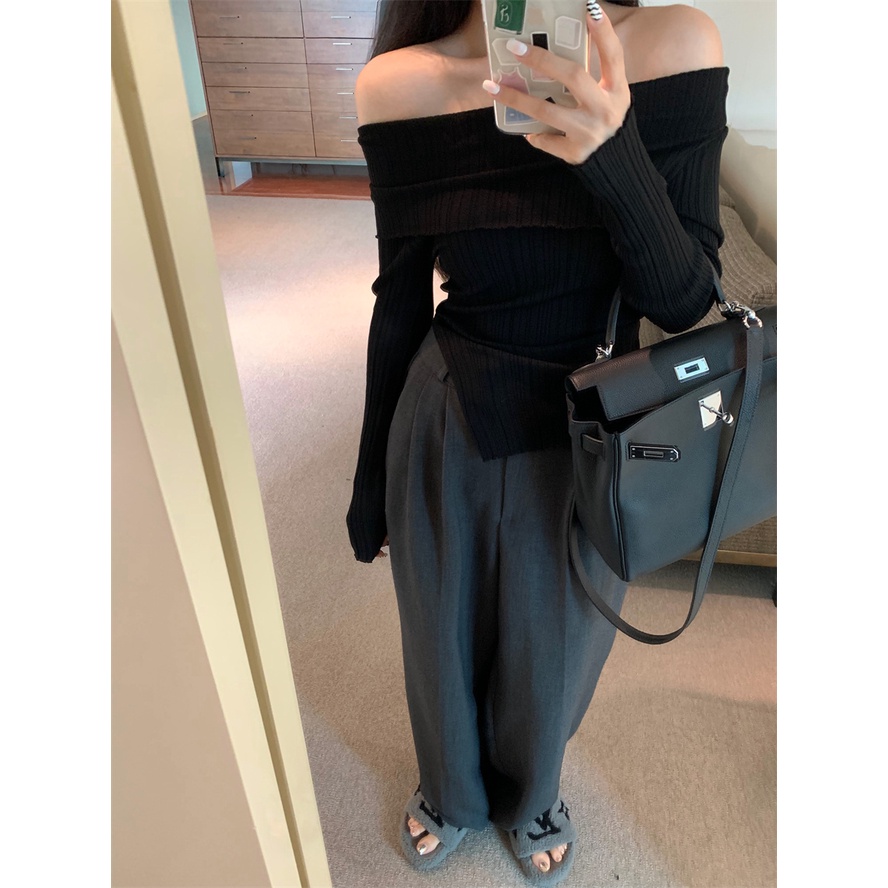 Áo len dệt kim tay dài hở vai màu trơn thời trang quyến rũ cho nữ