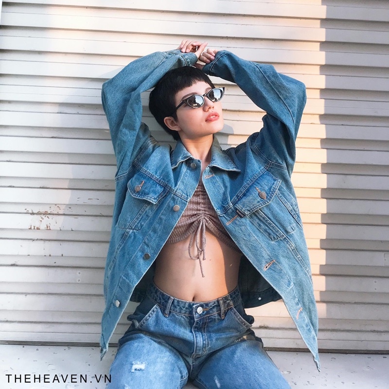 Áo khoác jean form rộng Xanh Vintage ánh Rêu 6 túi cá tính phong cách Ulzzang