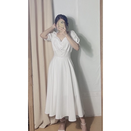 Váy trắng cổ bẻ tay nhún bèo dáng xoè, phong cách vintage - Từ tiệm váy nàng Thị | BigBuy360 - bigbuy360.vn
