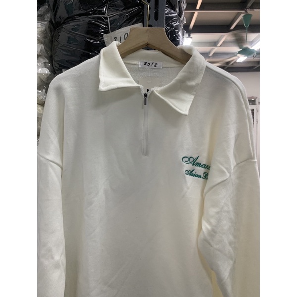 Áo polo cổ bẻ thu đông thêu chữ AMAZING TRẮNG KEM tay bồng form rộng phong cách Hàn Quốc Nhungkudostore