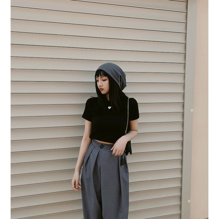 Quần ulzzang dáng rộng xếp ly lệch bên
