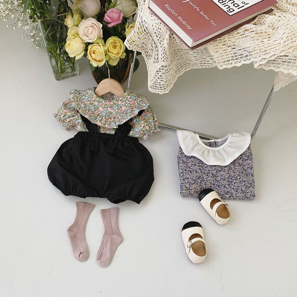 Áo hoa tay ngắn + quần sooc yếm đen cho bé gái sơ sinh phong cách Hàn quốc