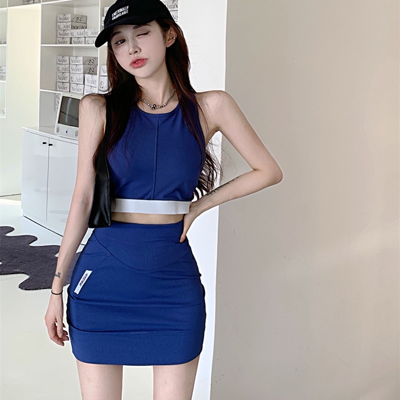 Set Áo Camisole + Chân Váy Lưng Cao Dáng Ôm Chất Liệu Co Giãn Trẻ Trung Năng Động