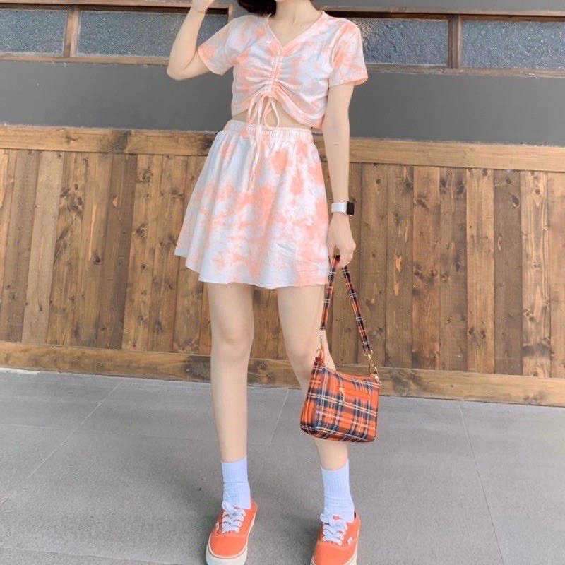 Set áo croptop dây rút loang màu kèm Chân váy thun loang màu - Set áo váy loang siêu hot
