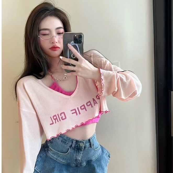 QKOOLE  Set Áo Thun Tay Dài + Áo Sát Nách Hoạ Tiết Kẻ Sọc Phong Cách Hàn Quốc (Two pieces)