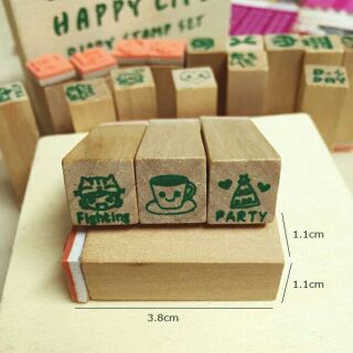 Bộ 25 con dấu gỗ Happy Life (kèm khay mực dấu đỏ 4*4cm)