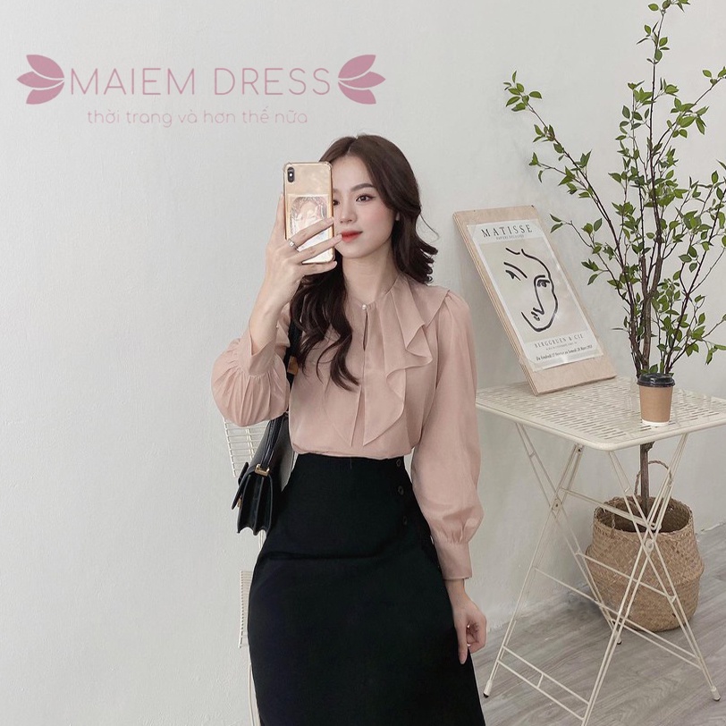 Áo sơ mi  nữ dài tay cổ bèo công sở Hàn Quốc 2 lớp MAIEMDRESS