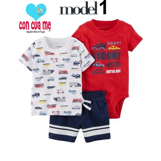 Set 3 món áo T-shirt + quần short + bodysuit Carter bé trai xuất xịn sz 6-24 tháng