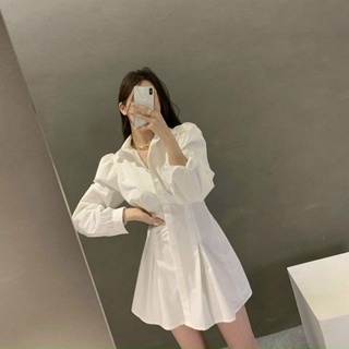 Đầm váy freesize trắng sơ mi xếp li eo
