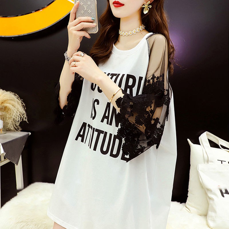 Lace stitching short-sleeved T-shirt women s mid-length 2021 new summer loose design sense of large size half-sleeved ins shirt