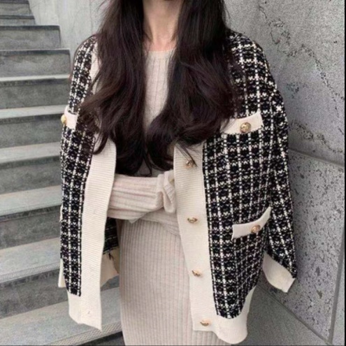Áo cardigan len nữ kẻ ô form rộng dài ulzzang