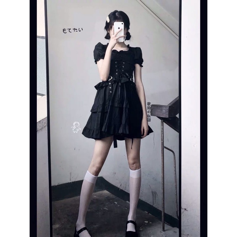 Đầm đen babydoll cổ vuông tay bồng kèm phụ kiện đai eo cosplay Ulzzang siêu chất ❤️
