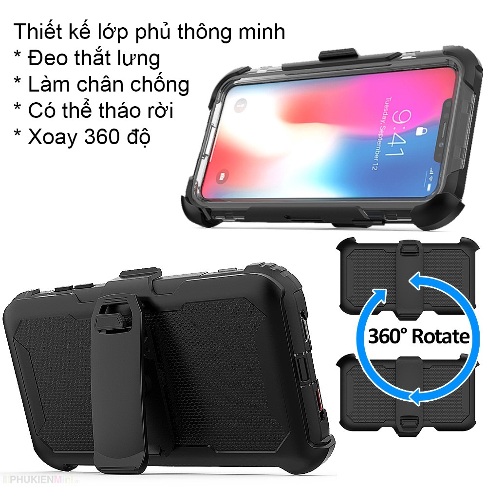 Ốp lưng chống sốc XS Max chuyên dụng 3 lớp bảo vệ, có chân chống xoay 360 độ, đeo thắt lưng cho iPhone XS Max 6.5in