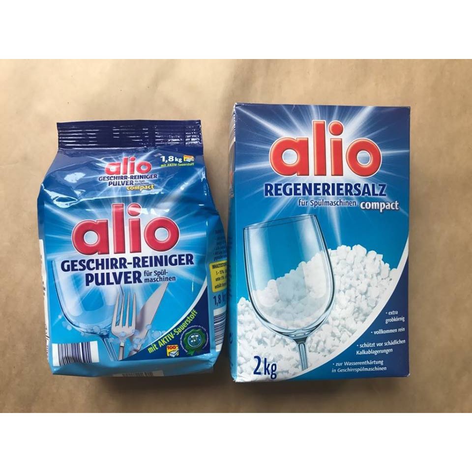 Combo bột rửa bát Alio 1,8kg, bóng Alio 1000ml, muối Alio 2kg. Tặng que thử nước cứng