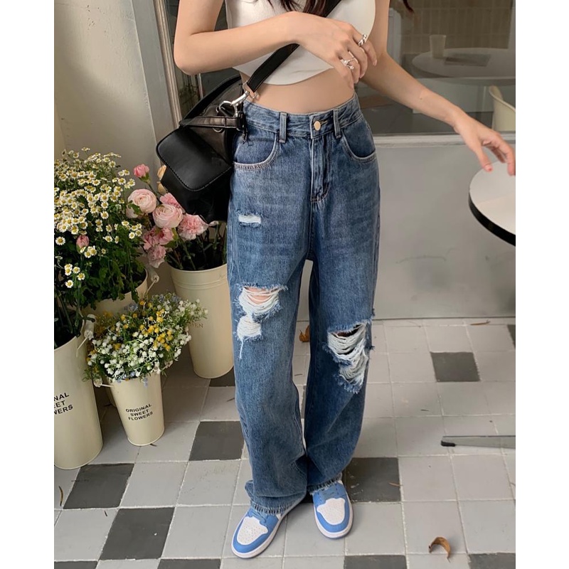 Quần jeans Nữ Lưng Cao Ống Rộng Rách Gối Thời Trang Hàn Quốc