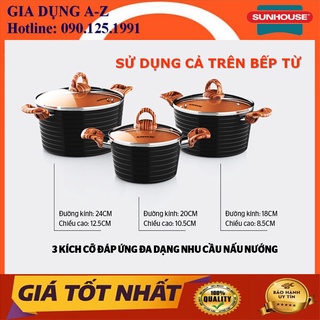 Bộ nồi ceramic sunhouse shg2003mca đáy từ, bộ 3 nồi kích thước 18,20,24cm