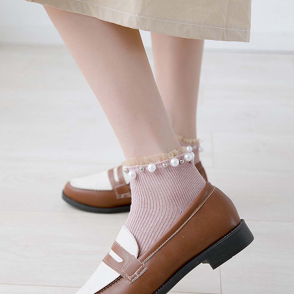 Vớ cổ cao màu trơn phối ren đính ngọc trai nhân tạo dành cho phái đẹp