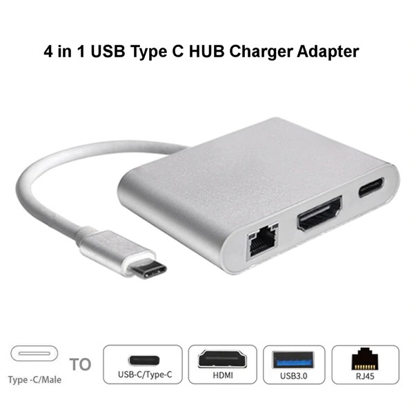 Bộ chuyển đổi USB TypeC 4 in 1 To HDMI 4k, USB, USB TypeC, Ethernet(RJ45 Port) tặng kèm cáp HDMI