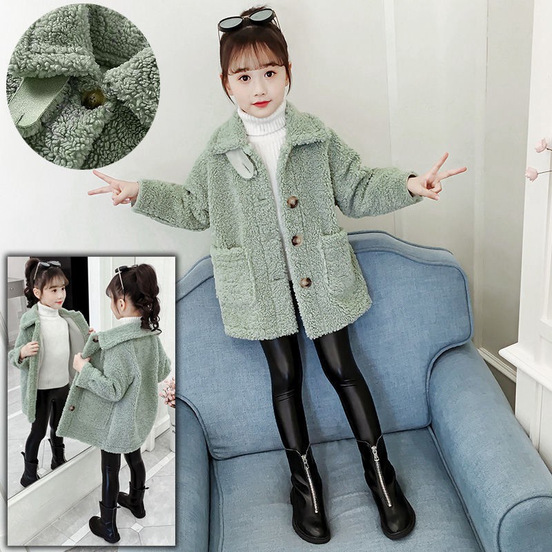 Áo Khoác Lông Cừu Dày Dặn + Áo Sweater Dáng Dài Thời Trang Mùa Đông Cho Bé Gái