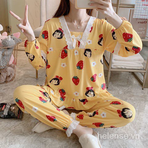 Set Pajamas Áo Dài Tay Cổ Bẻ + Quần Dài Cho Nữ