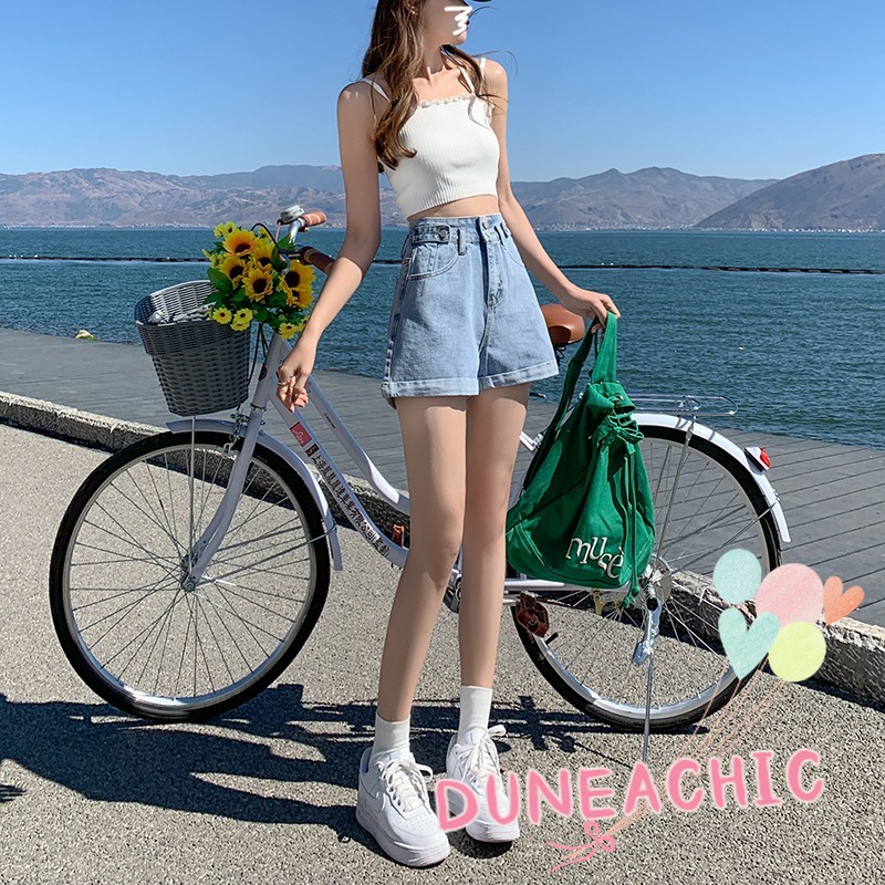 DUNEA Quần Short Denim Lưng Cao Ống Rộng Phối Túi Cá Tính Dành Cho Nữ