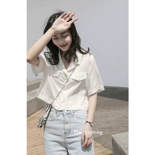 Áo sơmi croptop Hàn Quốc/ áo sơ mi cổ vest túi hộp