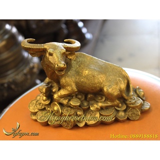 Tượng trâu bằng đồng nằm trên tiền phong thủy dài 17cm trong bộ 12 con giáp