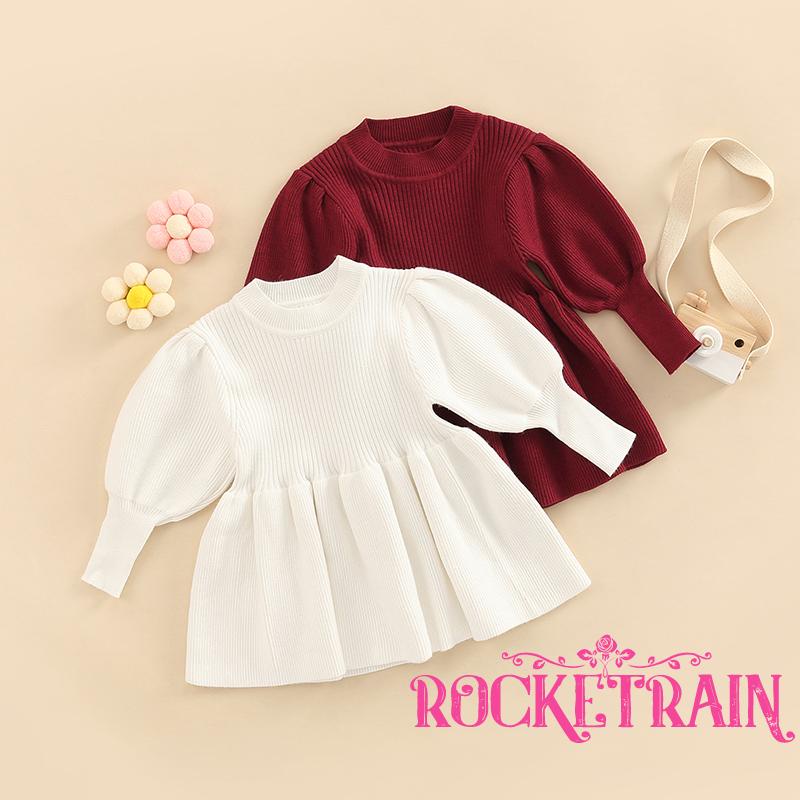 Đầm Len Dài Tay Cổ Tròn Màu Sắc Đơn Giản Cho Bé Gái