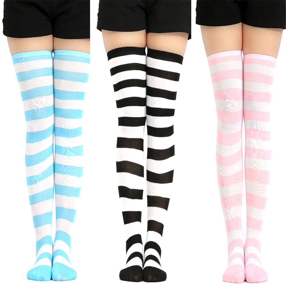 Vớ Cotton Dệt Kim Cổ Cao Qua Đầu Gối Kẻ Sọc 12 Màu Ấm Áp Thời Trang Cho Nữ