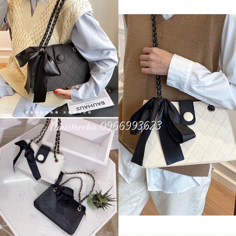 TÚI ĐEO CHÉO NỮ, KẸP NÁCH PHỐI NƠ DA SẦN ĐEO 2 KIỂU (CHÉO VÀ KẸP NÁCH)