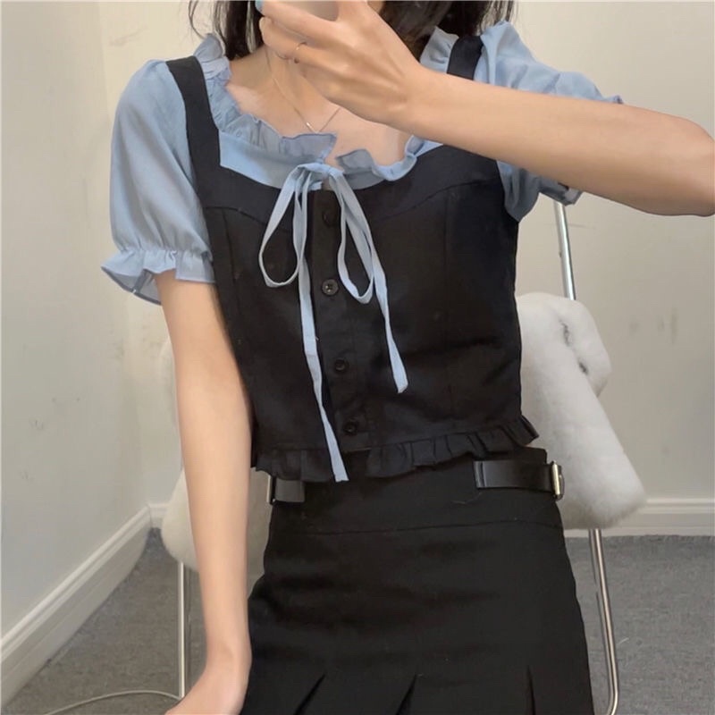 Áo Croptop nữ tay ngắn dáng ôm phối nhún phong cách Hàn Quốc mã QD0136