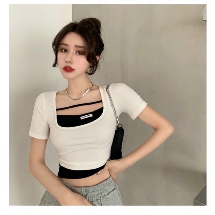 Áo Croptop Tay Ngắn Cổ U Phối Dây Ngang Cá Tính A5144