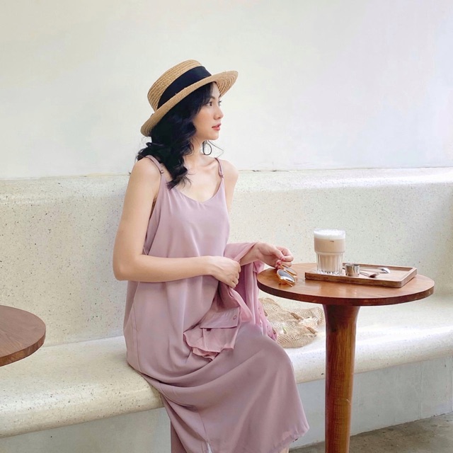 Đầm 2s maxi nữ chất vải lụa xẻ hai bên cổ V nhièua màu tôn da freesize Pumi
