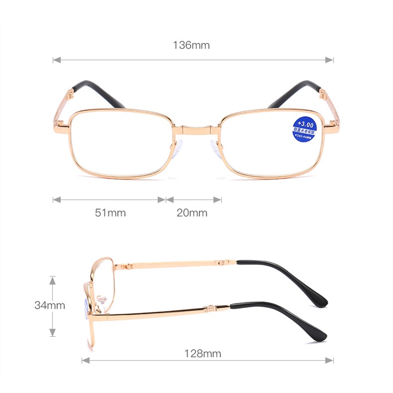 Gọng kính lão-viễn thị,thấu kính pha lê đọc sách unisex +1,2,3,4 độ thiết kế gấp gọn tặng kèm bao da và khăn lau cao cấp